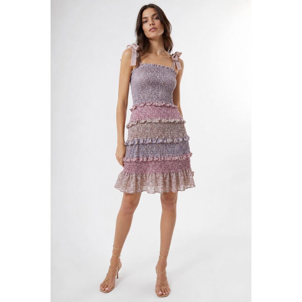 Storia Smocked Ruffle Mini Dress Bow Coquette Cottagecore Fairy S Pink Purple